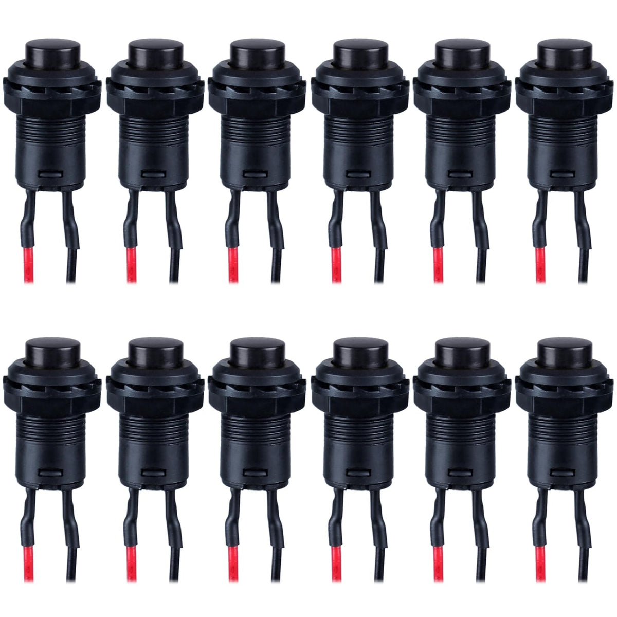 12-Pack 12mm Latching Push Button Switch AC 250V/1.5A 120V/3A ON-Off SPST Normal Open 1NO 2Pins with Pre-soldered Wires Small (12pcs Black Self-Locking)