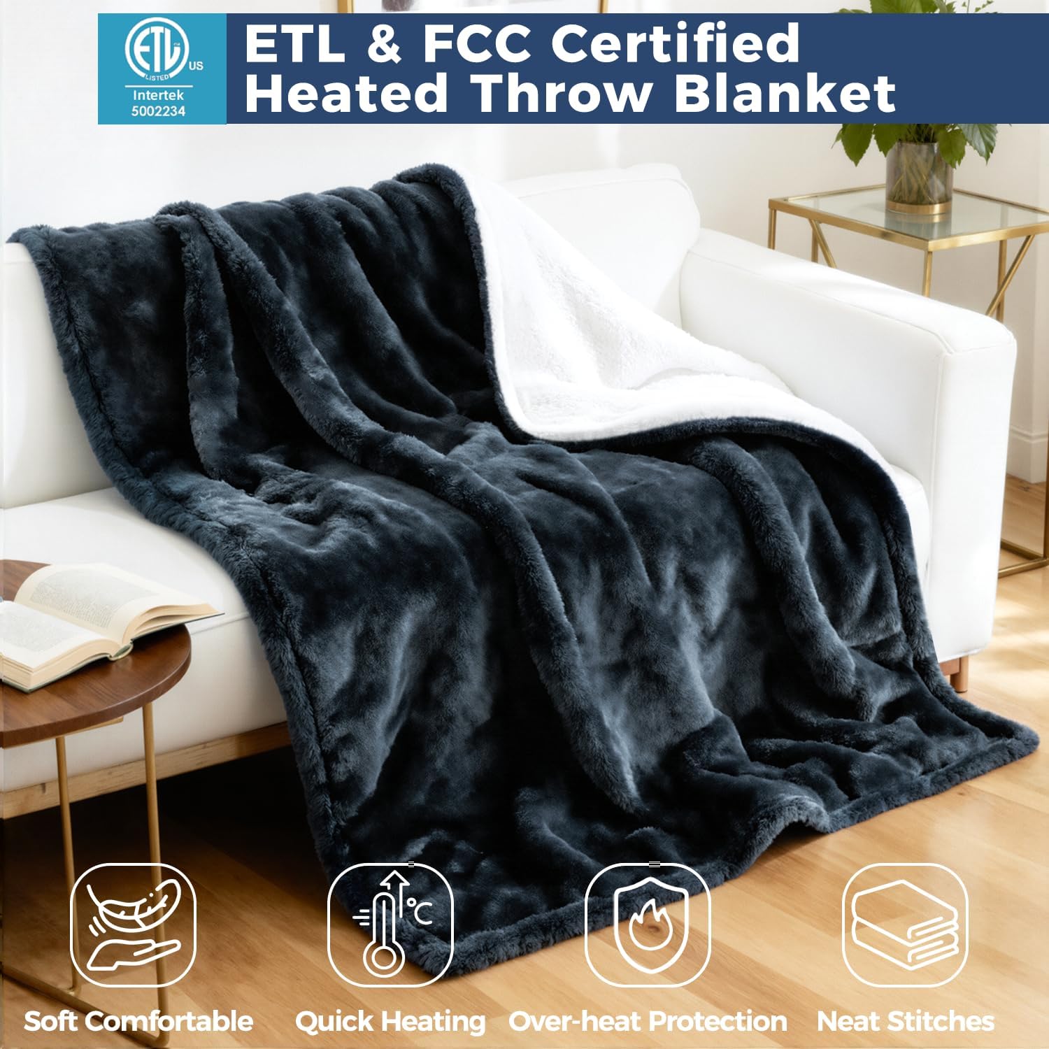 Electric Heated Blanket, Soft Flannel Fabric Heating Blanket with 5-Level Temperature Adjustment Machine Washable ETL