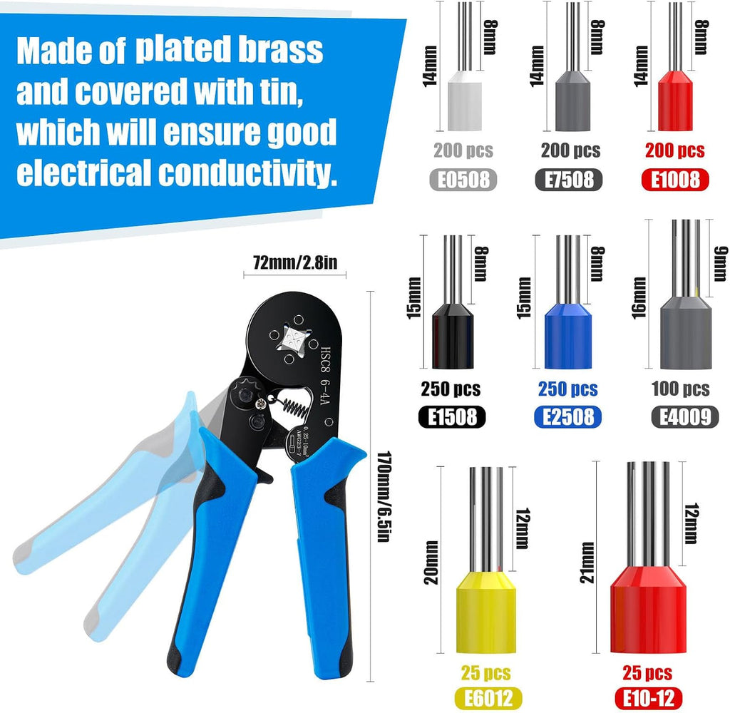 LUNEY 1250PCS Wire Ferrules Crimping Tool Kit for AWG 23-7(0.25-10mm²)