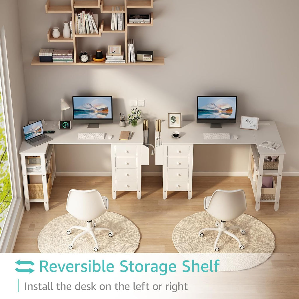 White L Shaped Computer Desk with Drawers & Storage Shelves, 47 Inch Corner Reversible Desk with Power Outlet for