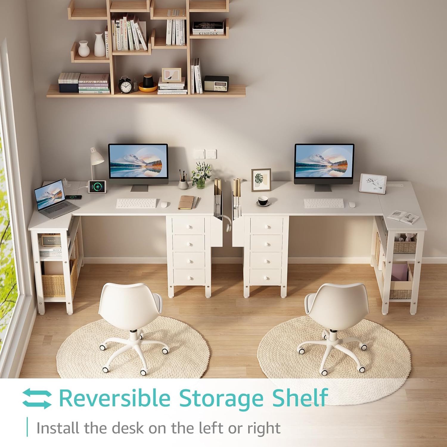 White L Shaped Computer Desk with Drawers & Storage Shelves, 47 Inch Corner Reversible Desk with Power Outlet for