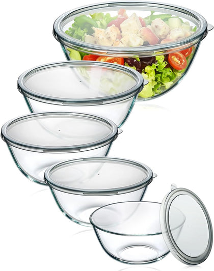 Glass Mixing Bowls with Lids Set of 5(4.78QT,2.2QT,1.7QT,1.1QT,0.85QT),Thick Glass Nesting Bowls for Kitchen