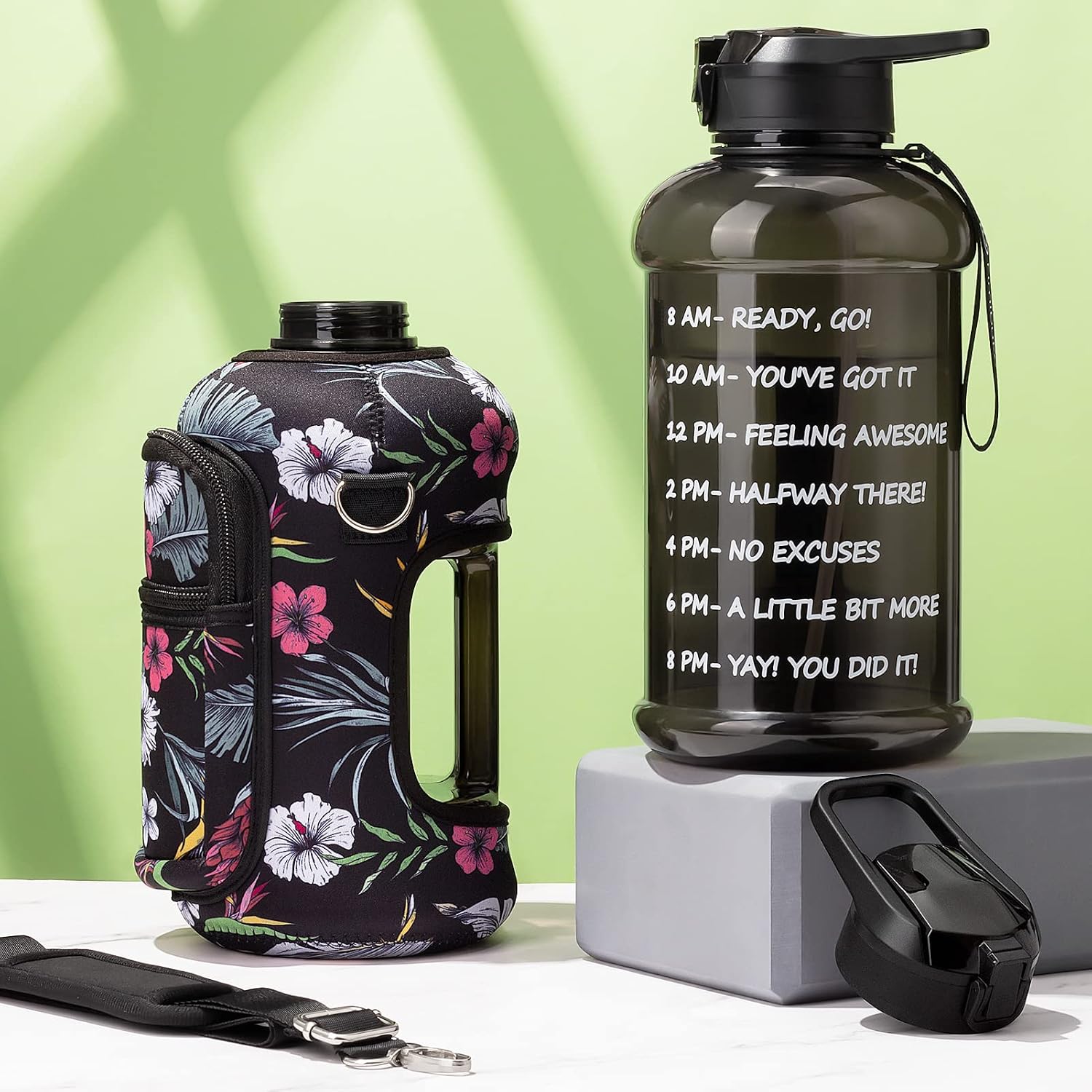 Half Gallon Water Bottle with Sleeve 64 OZ Water Bottle with Handle & Straw Leakproof Motivational Sports Gym Water