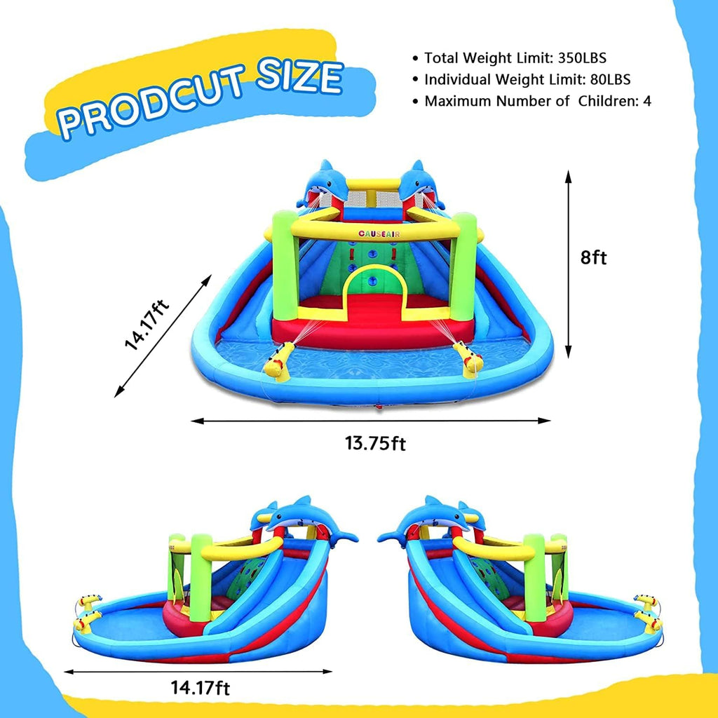 Inflatable Water Slide with Bounce House,Dolphin Styling,Splashing Pool,Double Water Cannon,Climbing Wall,Heavy Duty