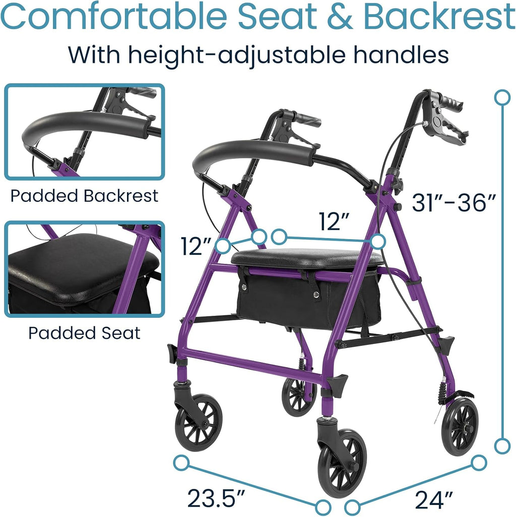 Steel Rollator Walker with Seat - Foldable, Narrow, Rolling Senior Walker for Small Spaces - 4 Wheel Lightweight