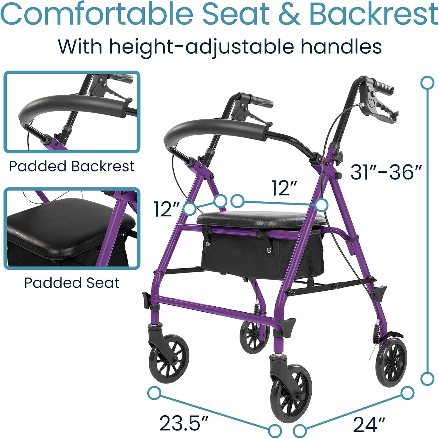 Steel Rollator Walker with Seat - Foldable, Narrow, Rolling Senior Walker for Small Spaces - 4 Wheel Lightweight