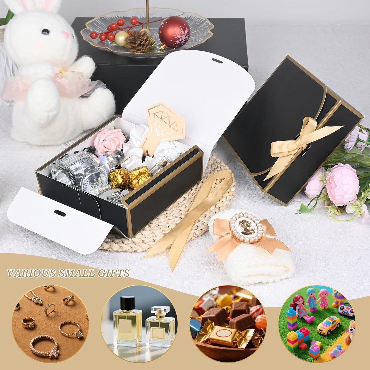 10 Pack Small Gift Boxes with Lids, Black Gift Boxes with Ribbons