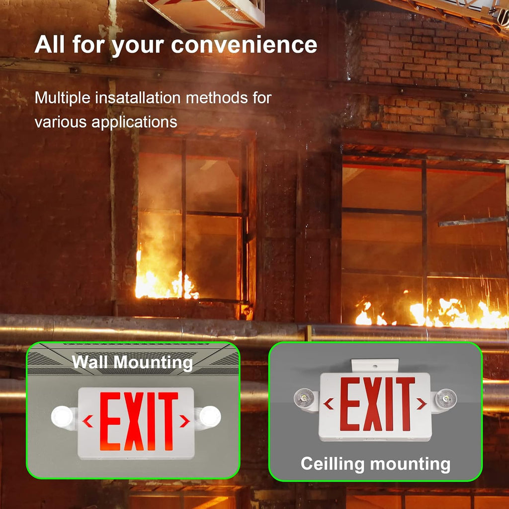 Red Exit Sign with Emergency Light, LED Exit Light with Battery Backup, UL Listed, AC 120/277V, Commercial Emergency