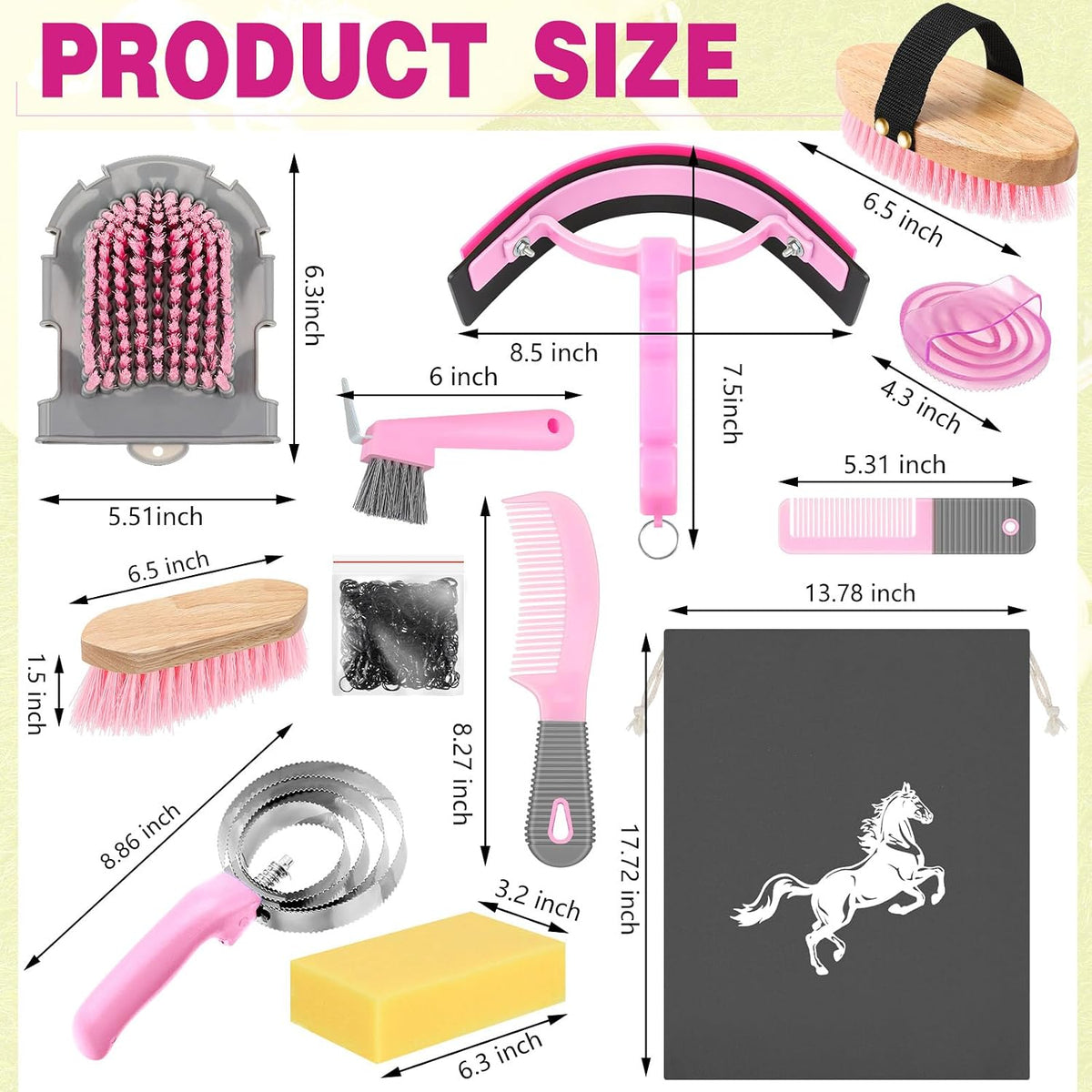 12 Pieces Horse Grooming Kit Equine Care Brushes, Pink and Grey