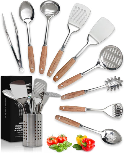 Stainless Steel Kitchen Utensils Set - Wood Handle Nonstick Stainless Steel Cooking Utensils Set - Heat Resistant