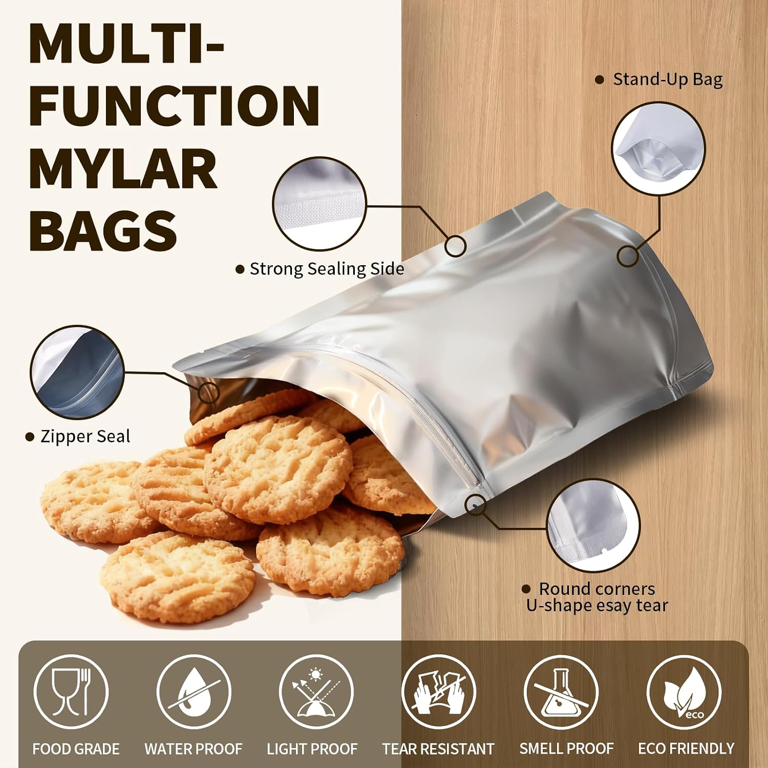 Mylar Bags with Oxygen Absorbers for Food Storage, 100cc, 100 PCS | 100cc absorbers + 3-size Mylar bags