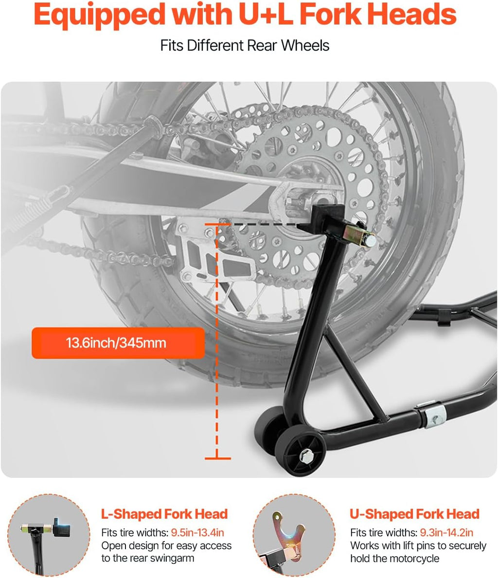 Motorcycle Rear Wheel Stand, 850lbs/390kg Load Capacity Lift with U + L Fork Swingarm Spool, Heavy Duty Rear Wheel