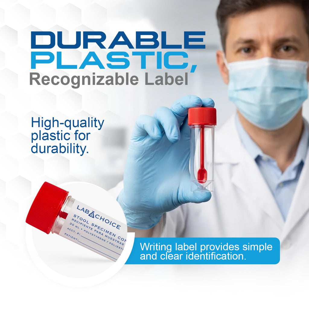 Stool Specimen Containers, Sterile, Individually Wrapped, Specimen Cups with Spoon Cap Lids, Clear with Red Lid, 1