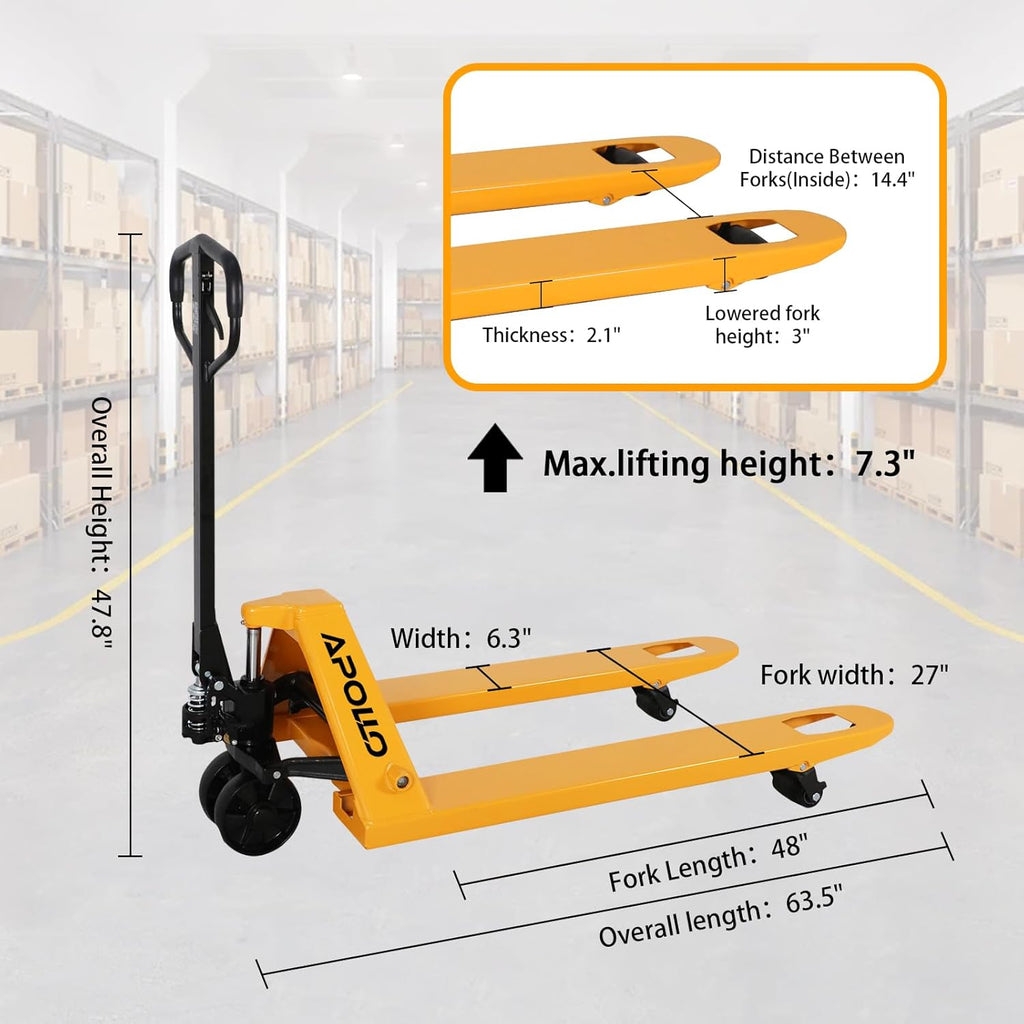 Pallet Jack Truck, 5500lbs Capacity 27" W x 48" L Standard Forks | Heavy Duty Manual Pallet Truck for Warehouse