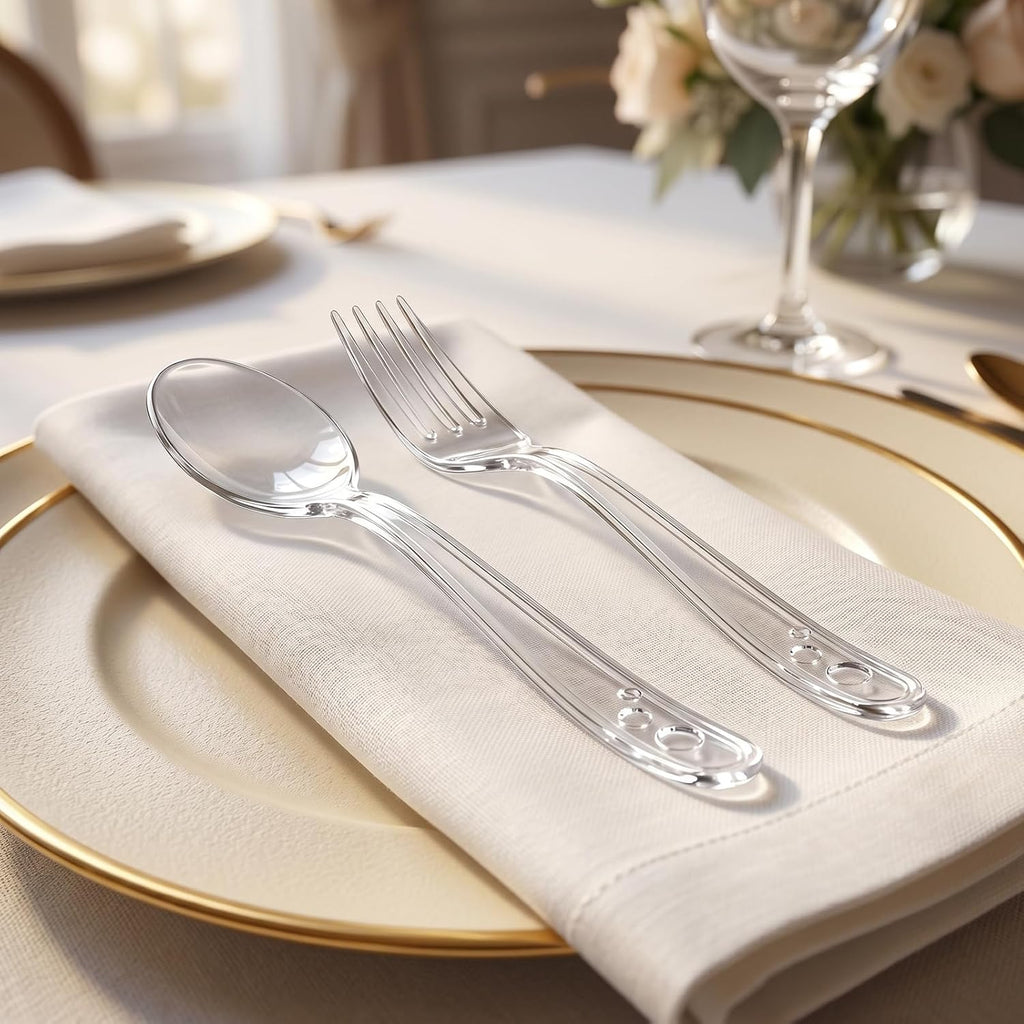 100 Count Clear Plastic Silverware Heavy Duty -50 Forks, 50 Spoons