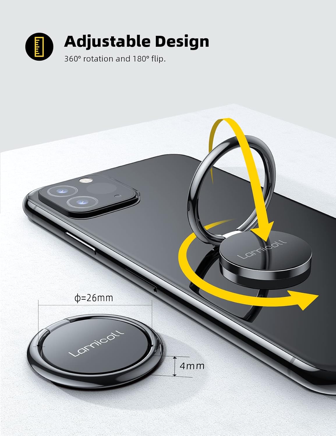 Cell Phone Ring Holder Stand - Polished Metal Finger Grip | 360° Rotation, Finger Ring Kickstand for Magnetic Car