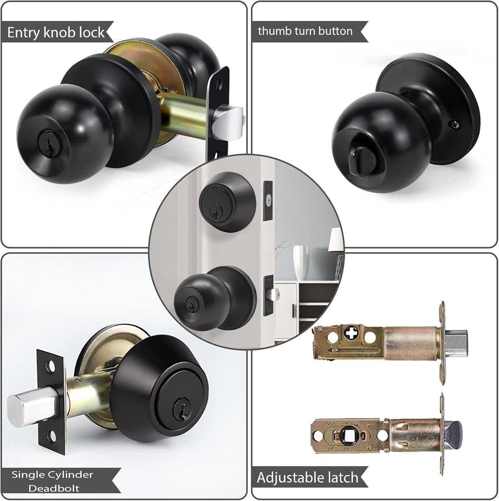 Exterior Door Lock Set with Deadbolt, Keyed Alike Door Lock with Key for Front and Entry Doors, Matte Black Finish, 2