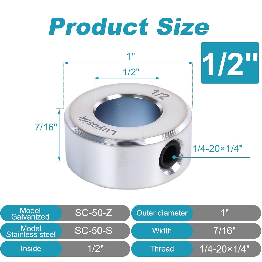 4pcs 1/2" bore Shaft Collar,Zinc Plated Set-Screw Shaft Collars