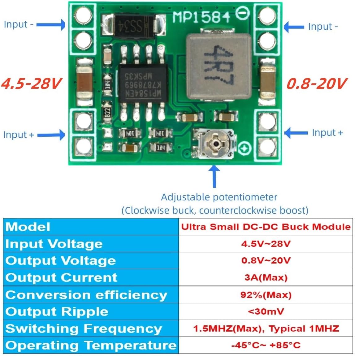 6Pcs 5V Buck Converter Mini MP1584EN DC-DC 3A Adjustable Module