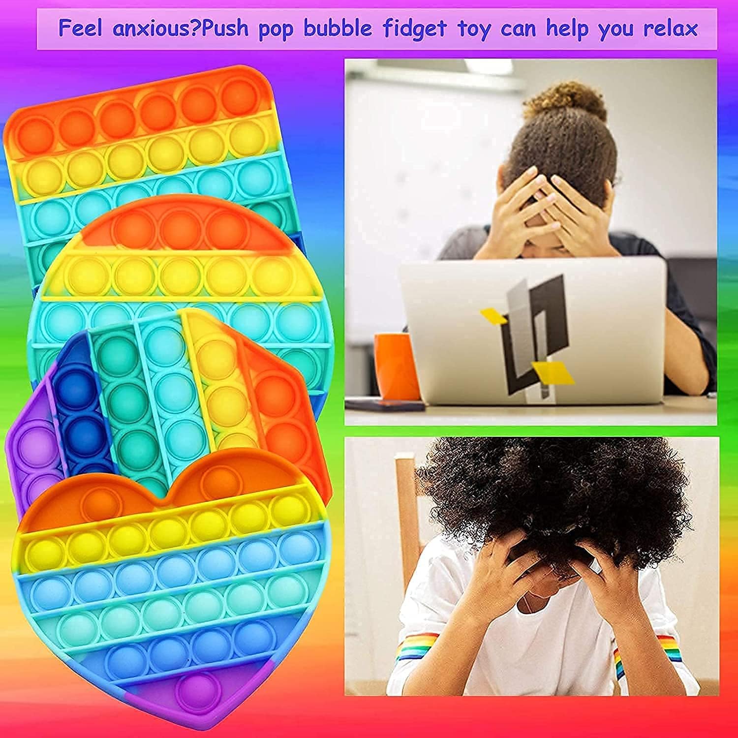 Multipurpose 4 Pack Rainbow Pop it Fidget Toy, Bubble Sensory Toy for Kids and Adults, Stress Reliever, 4 Shapes