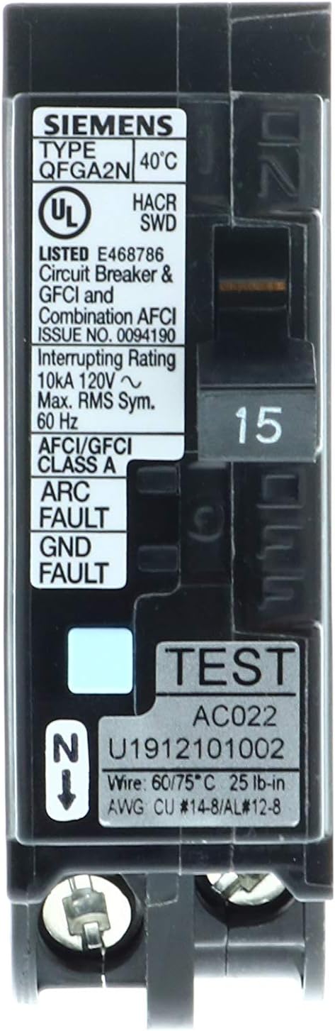 Siemens Q115DFN 15 Amp 1-Pole Dual Function (CAFCI/GFCI) Plug-On Neutral Circuit Breaker, Black
