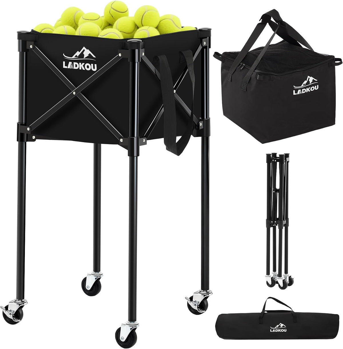 Extra Large Tennis Ball Hopper, Holds 200 Balls, Foldable Tennis Ball Basket with Wheels & Removable Bag, Lightweight