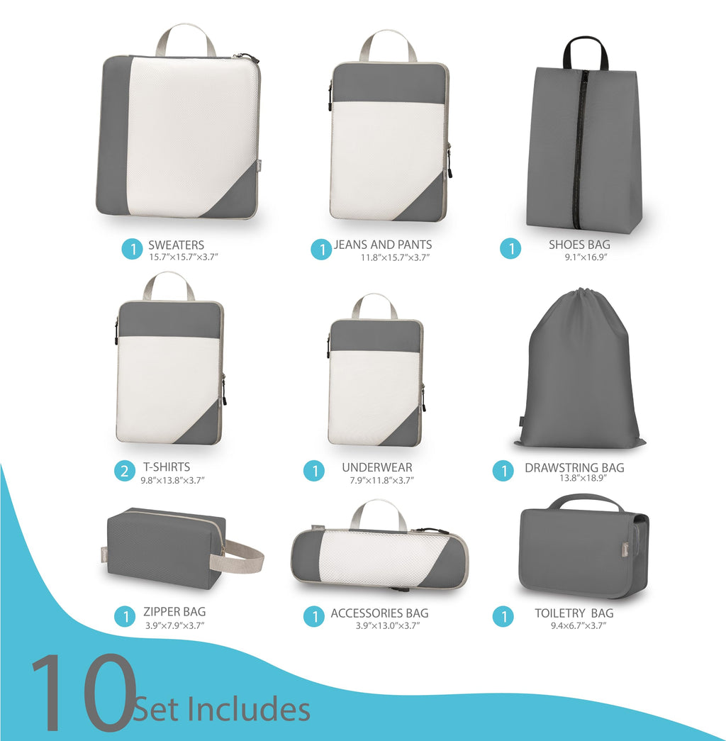 Compression Travel Packing Cubes with White Mesh, Grey, 10Pcs
