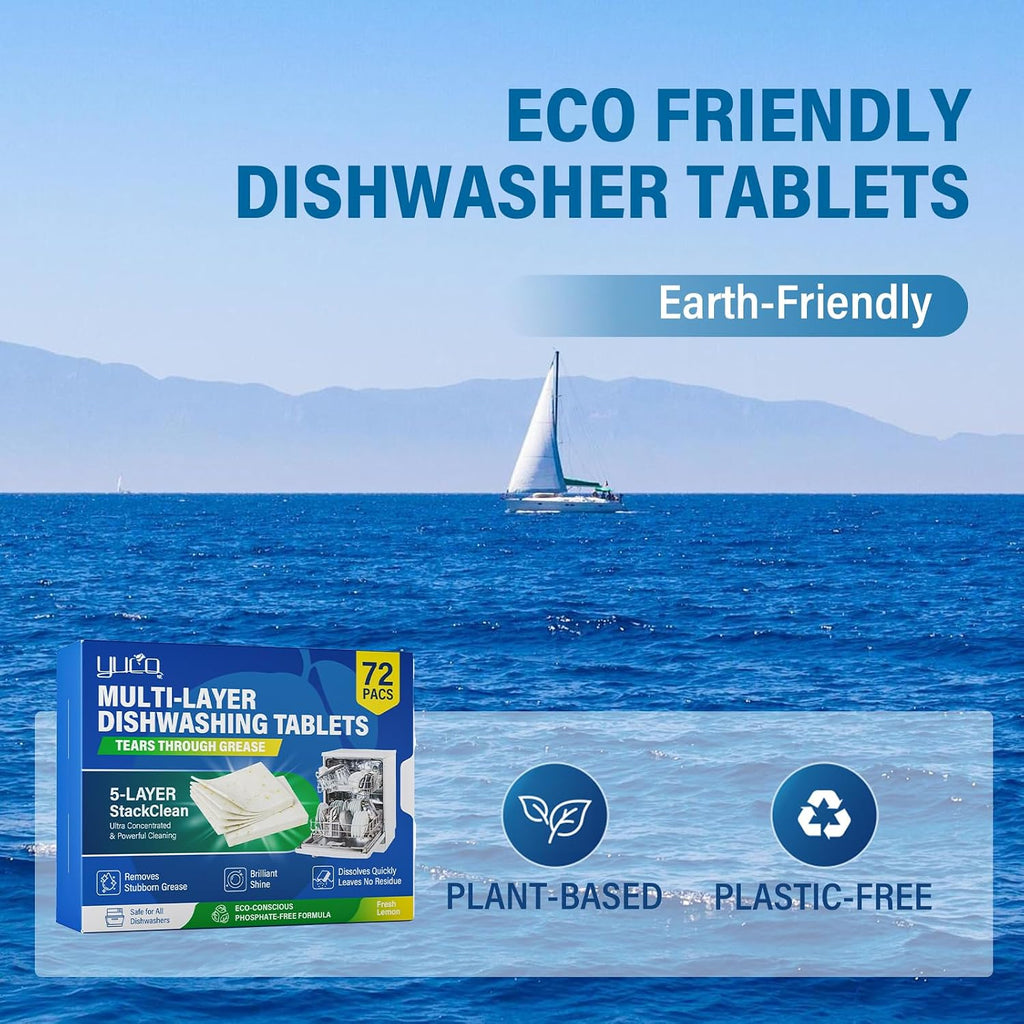 Dishwasher Detergent Tablets 72 Count: 5 Layer Powerful Dishwasher Detergent Eco-Friendly No Plastic Liquid-Free Dish