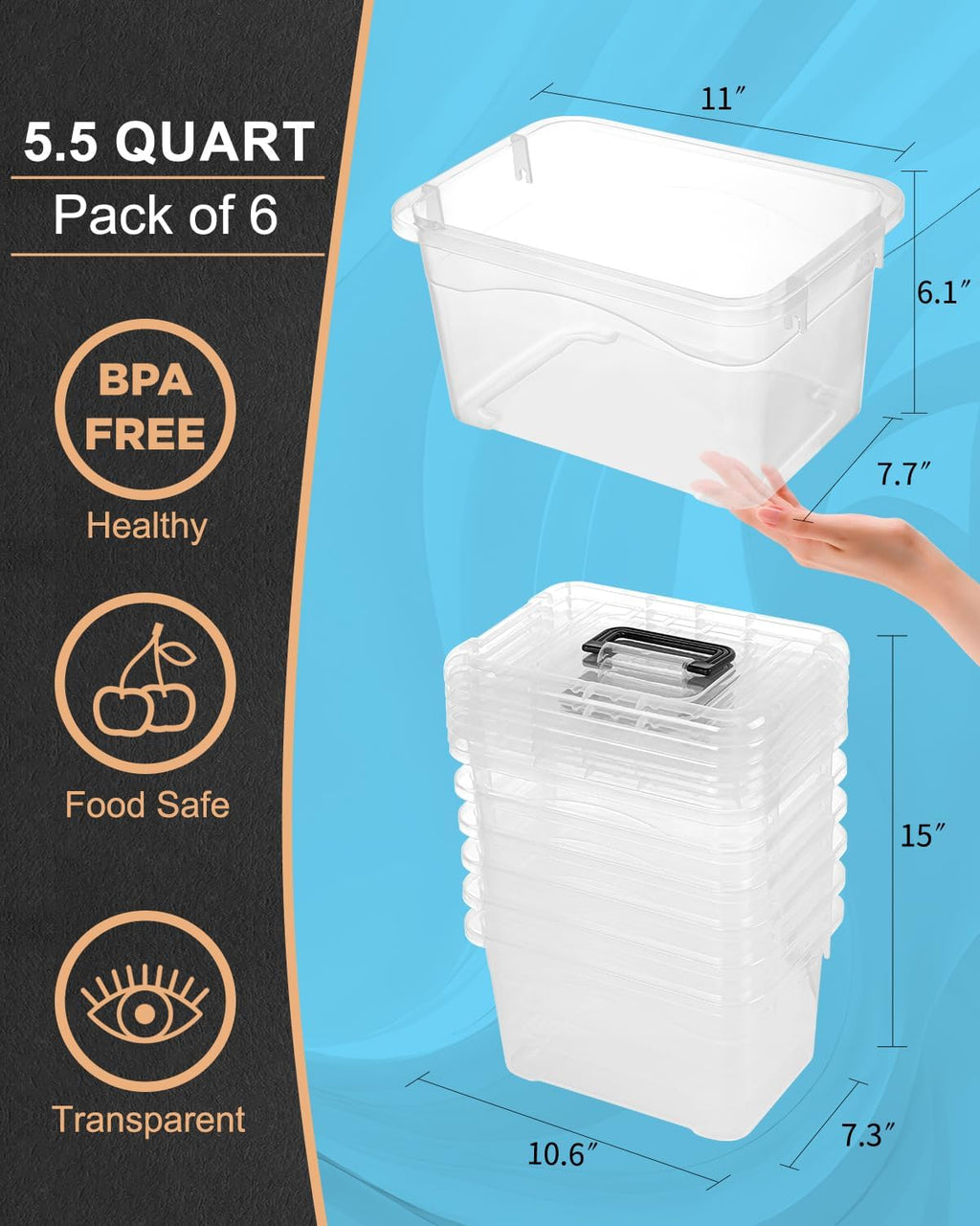 Plastic Storage Bins with Lids 6 Packs, 7 Quart Storage Organizer Bins with Buckle-Up Latches and Handle, Stackable