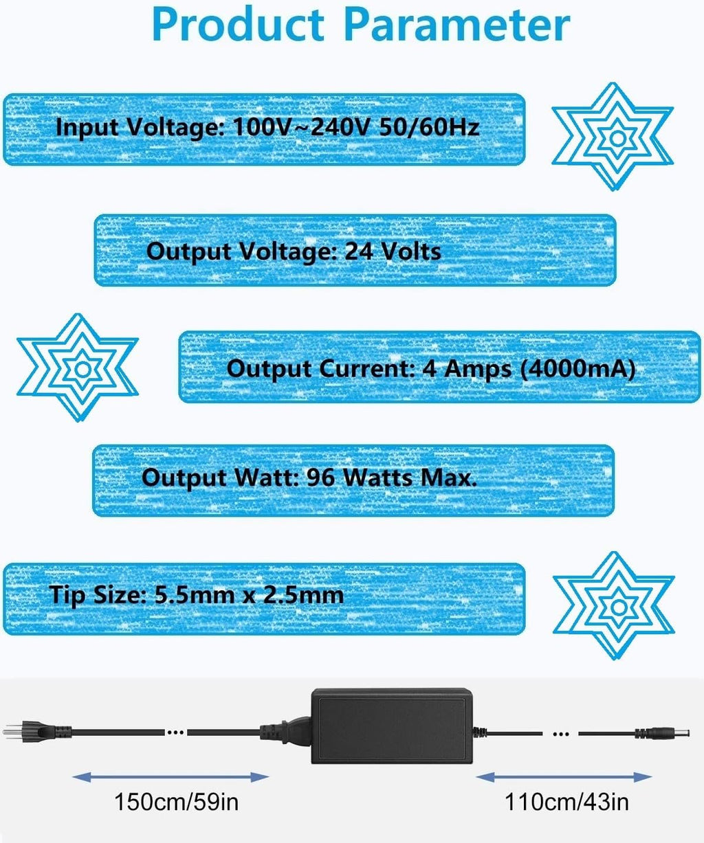 24V DC Power Supply 4A Universal AC Adapter, 100-240 50/60Hz Adapter to 24 Volts 4Amp Transformer, DC 24V Power Cord, 5.5mm x 2.5mm Plug