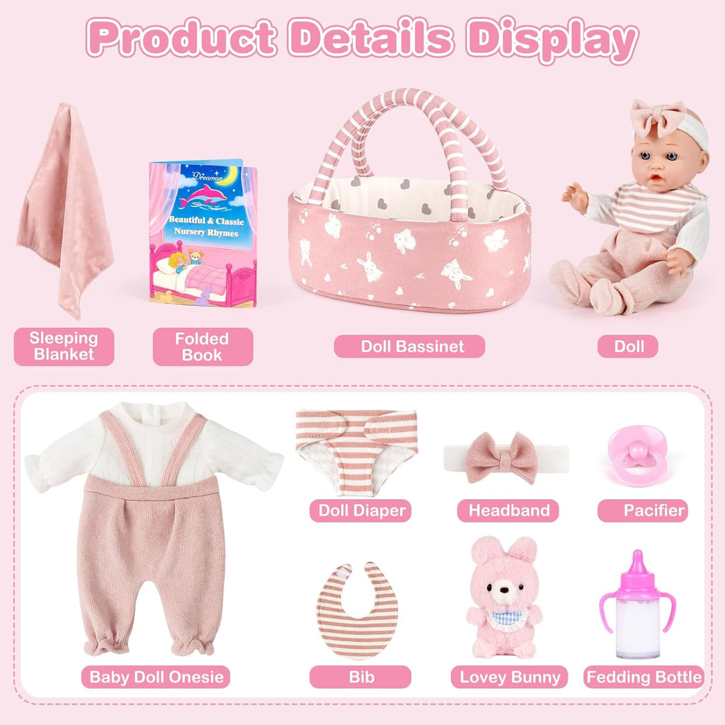 12'' Baby Doll Playset with Carrier Bassinet Bed, 11PCS Baby Doll Accessories Includes Pacifier, Blanket, Pillow
