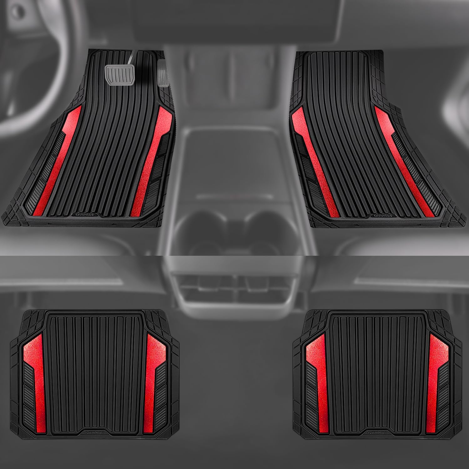 Heavy Duty Rubber Car Mats Metallic, Aluminum Film All Weather Floor Mats Waterproof Universal Trim to Fit Automotive