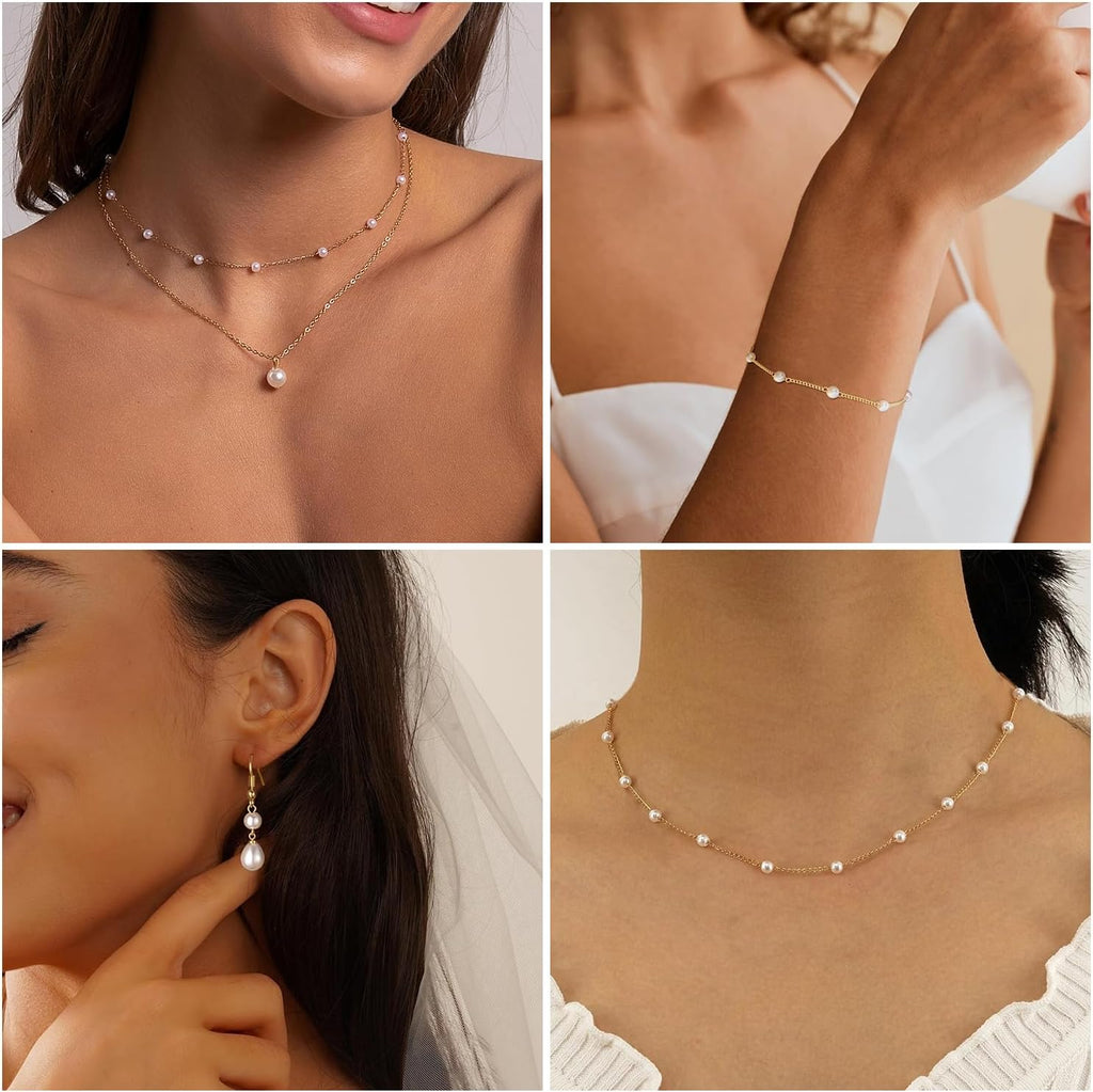 Gold Jewelry Set for Women, Dainty Layered 14K Gold/Silver Pearl Choker Necklaces and Earring Set Pearl Earrings