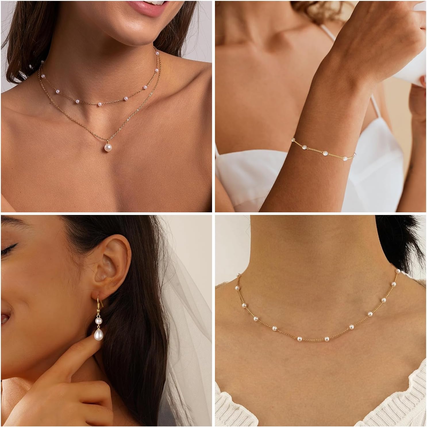 Gold Jewelry Set for Women, Dainty Layered 14K Gold/Silver Pearl Choker Necklaces and Earring Set Pearl Earrings