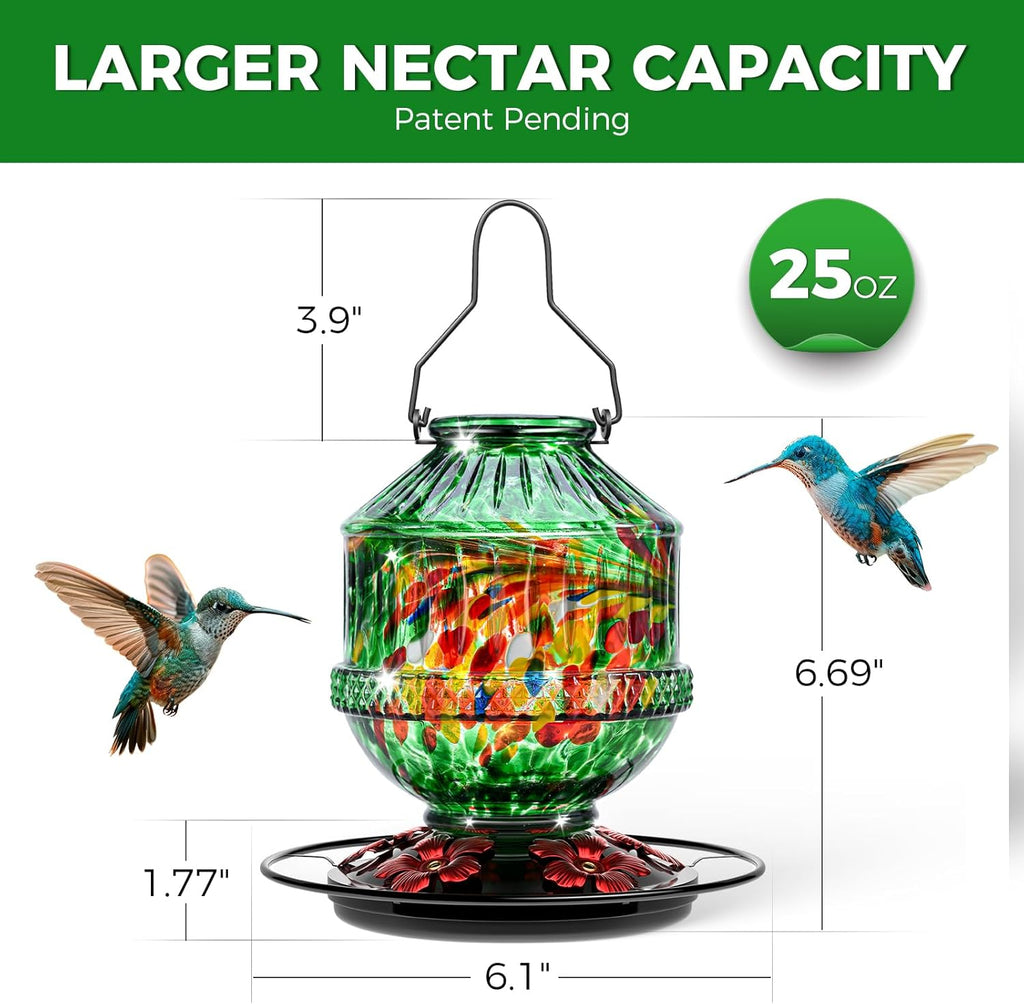 Hand Blown Glass Hummingbird Feeders for Outdoors, 25 Ounces Wild Bird Nectar Feeder with Perch & 5 Flower Feeding