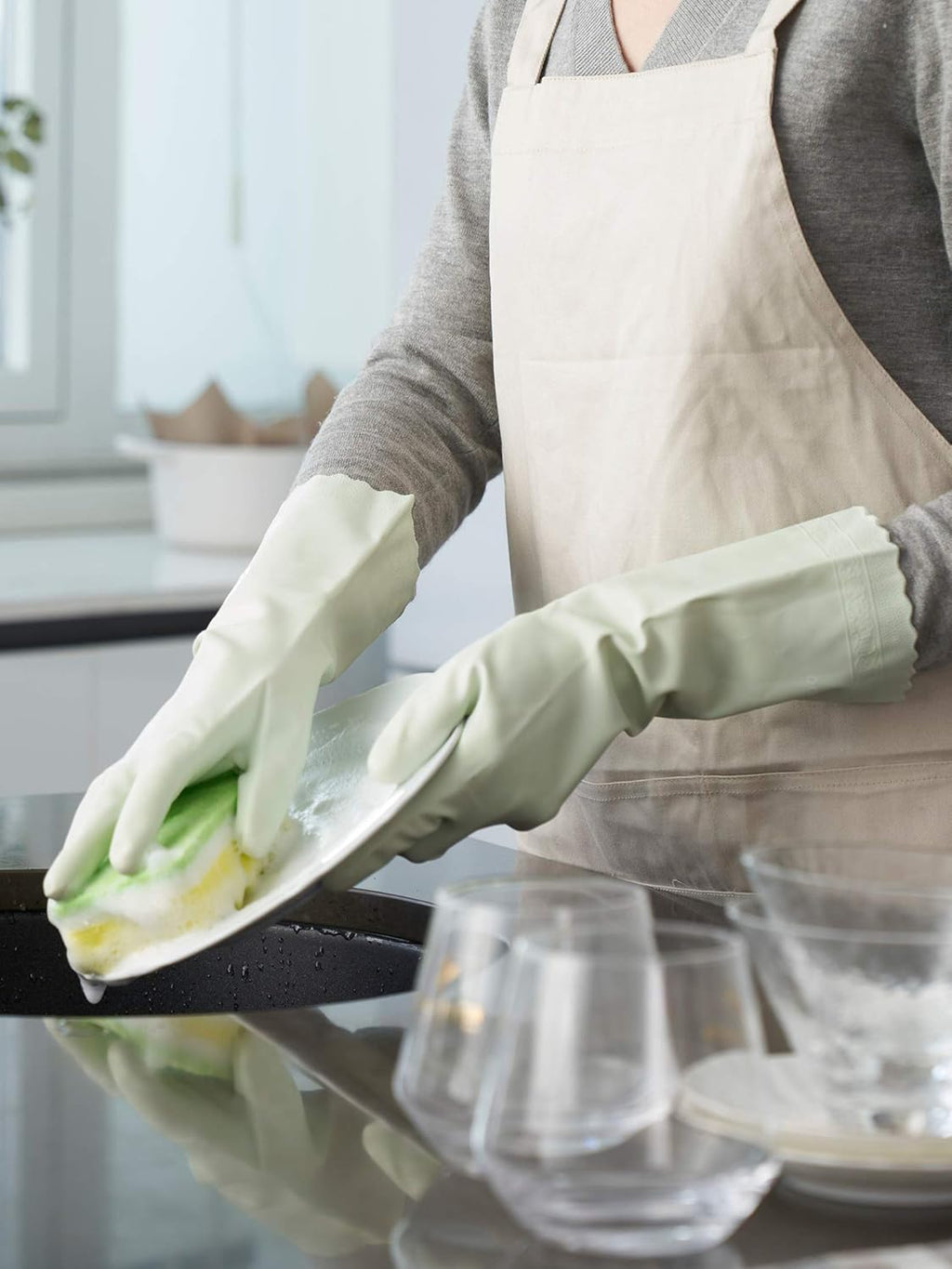 LANON 3 Pairs wahoo Skin-Friendly Cleaning Gloves, Dishwashing Kitchen Gloves with Cotton Flocked Liner, Reusable