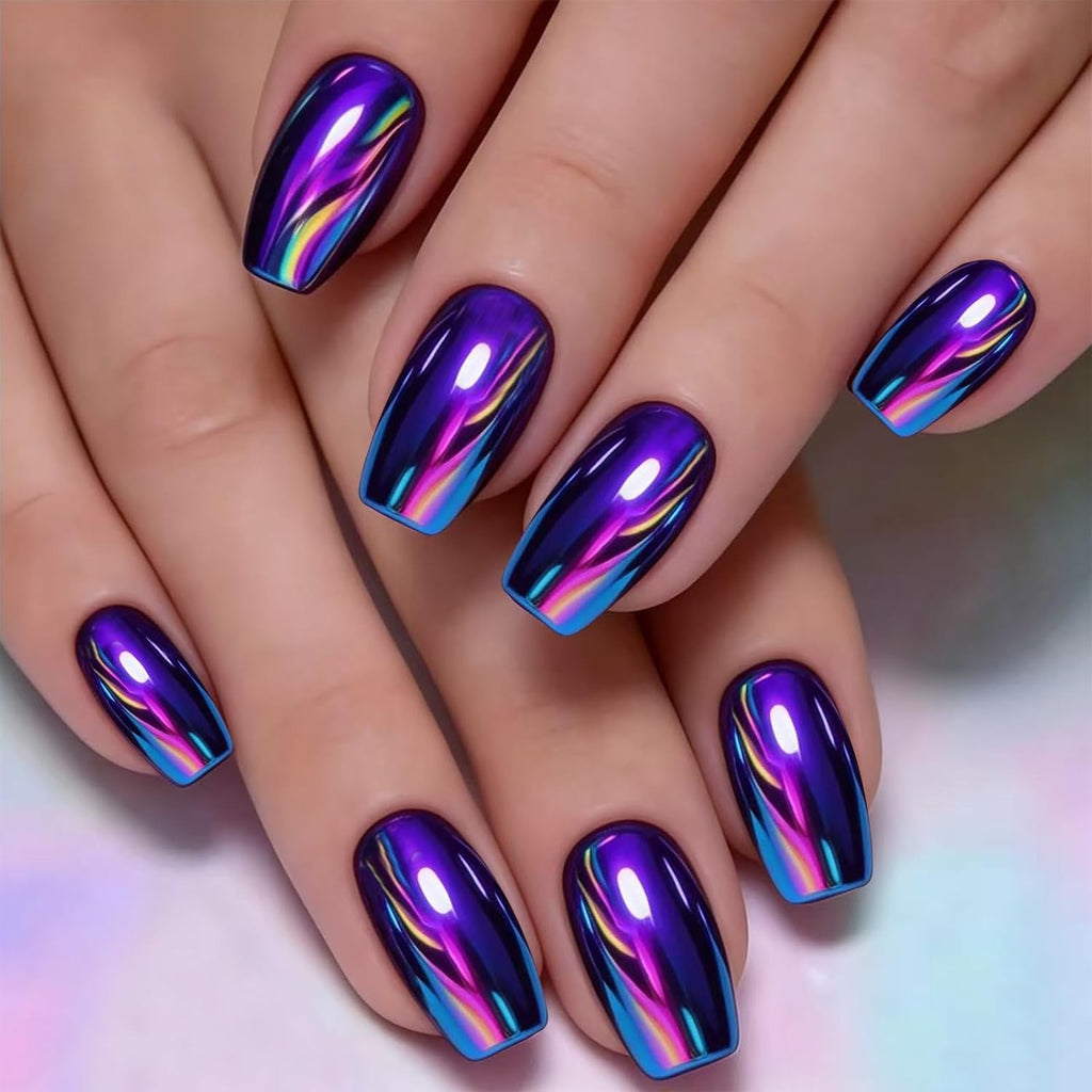 Purple Electroplated Press on Nails Medium Square Fake Nails