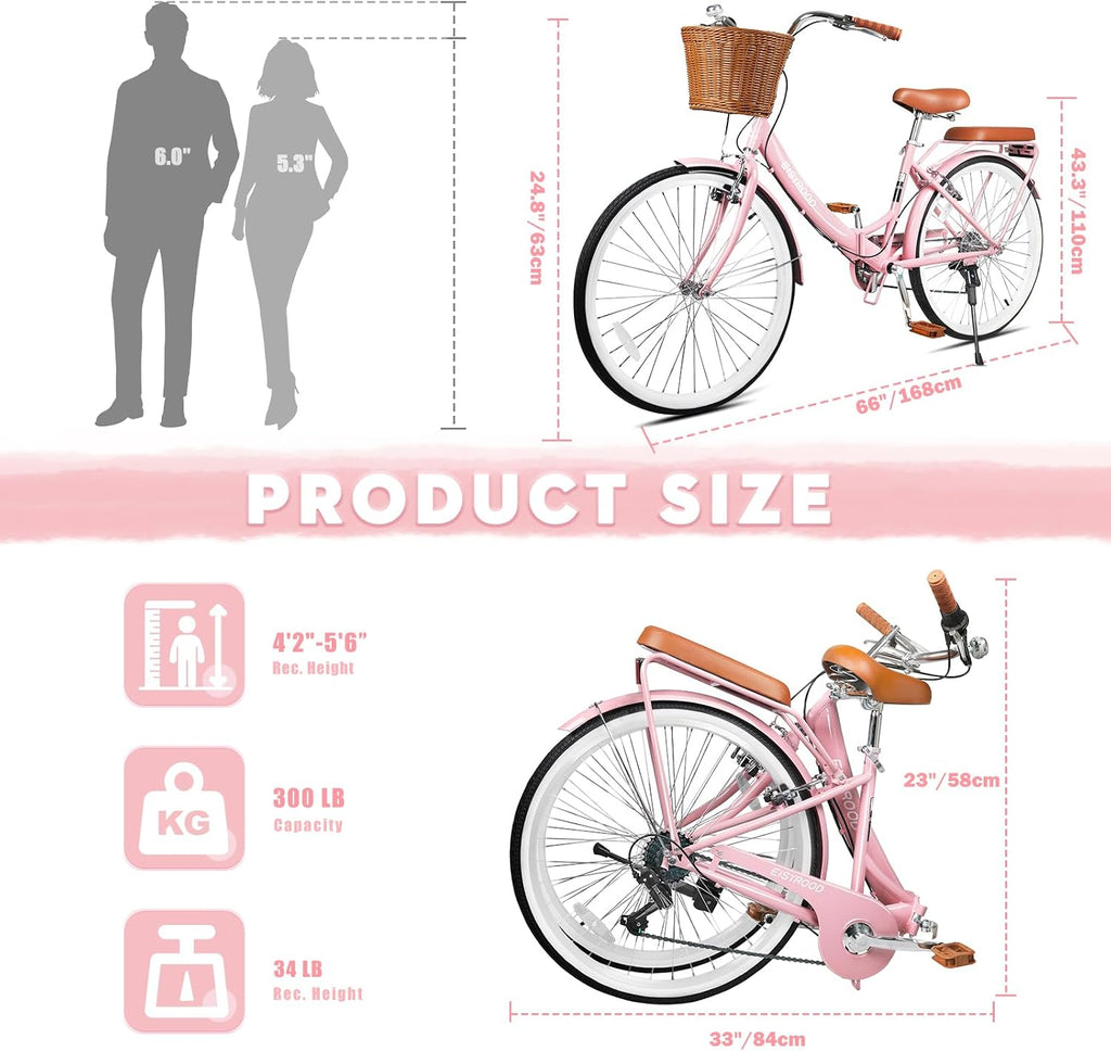 26 Inch Beach Cruiser Bike for Women, Hybrid Womens Bike with 7 Speed, Adjustable Seat, Lightweight Women Beach