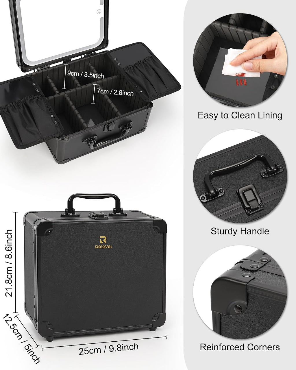 Makeup Bag with LED Mirror, Makeup Box Travel Train Case with Rechargeable Lighted Mirror & Adjustable Dividers