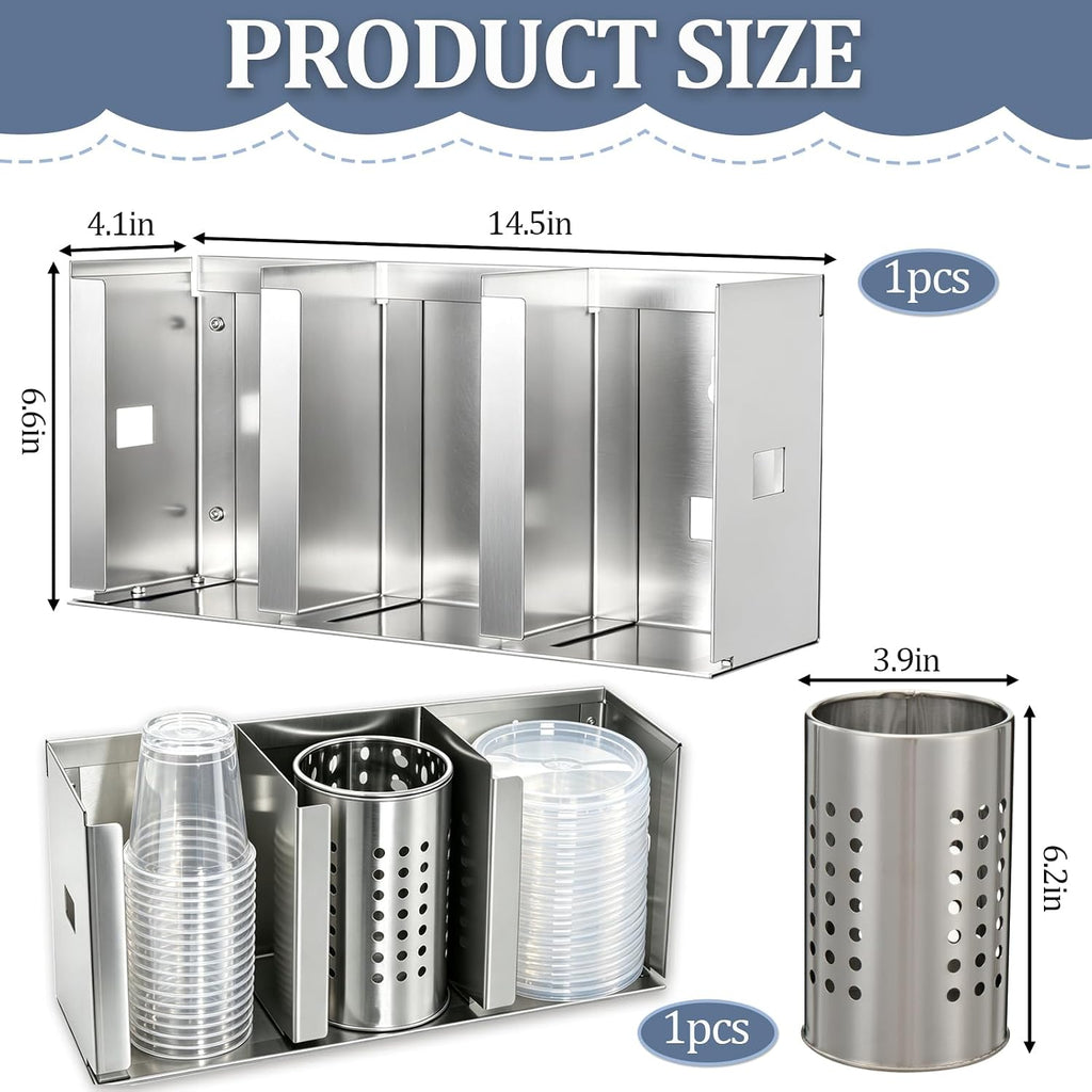 3 Compartments Stainless Steel Cup Dispenser with Adjustable Dividers