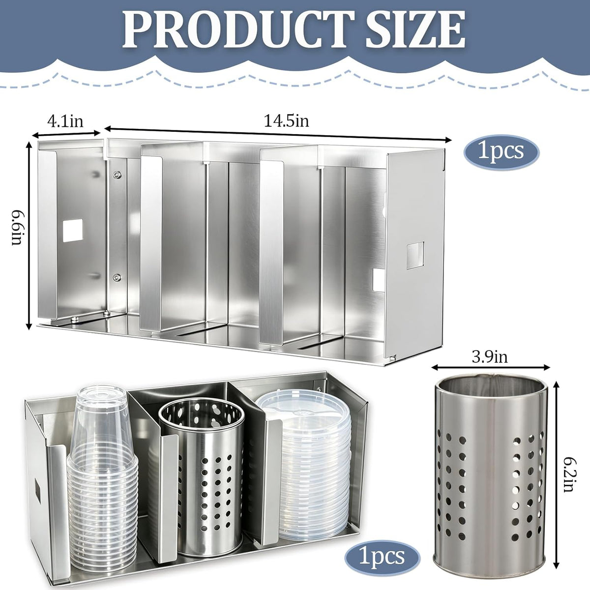 3 Compartments Stainless Steel Cup Dispenser with Adjustable Dividers