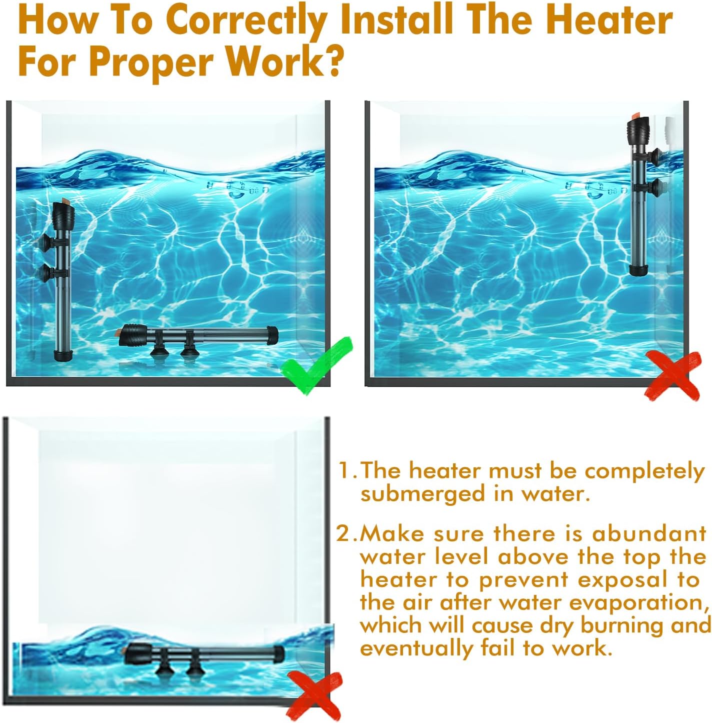 Submersible Aquarium Heater,500W Fish Tahk Heater with Adjust Knob Thermostat 2 Suction Cups and Free Thermometer