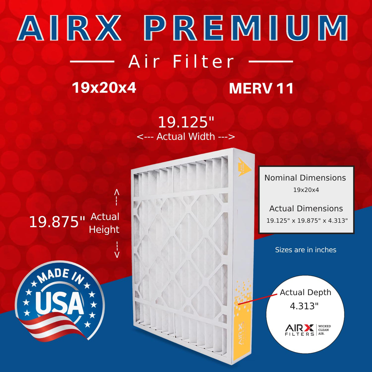 19x20x4 Furnace AC Filter MERV 11 Allergy Bryant Carrier 2-Pack