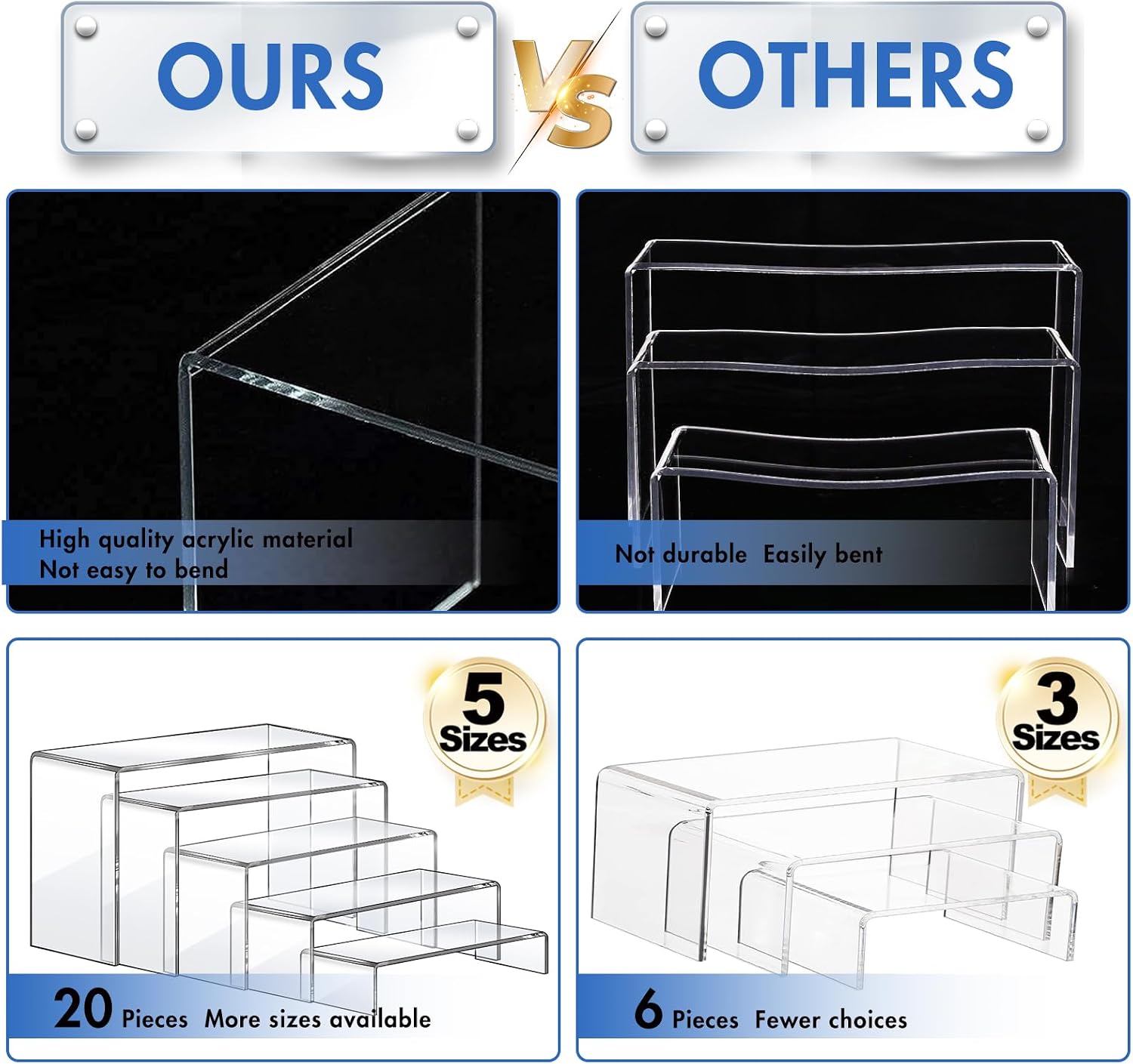 Acrylic Risers Display Stands, Acrylic Stands for Display 20Pcs 4Set | Clear Display Risers Shelf, Acrylic Risers for