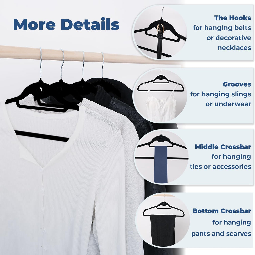 Black Velvet Hangers, Stackable Hanger with Non Slip Felt Fabric | Ultra Thin and Space Saving with 360° Swivel Hook