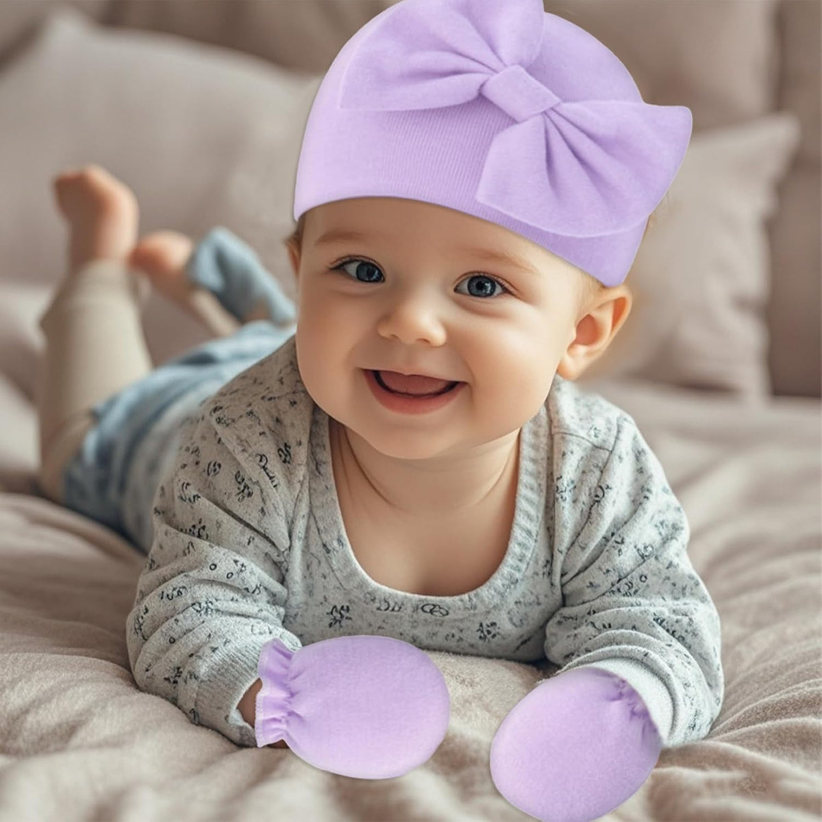 Newborn Baby Hats Mittens Sets Bow Infant Caps Gloves No Scratch Mitten Beanie Set for 0-6 Months Girls