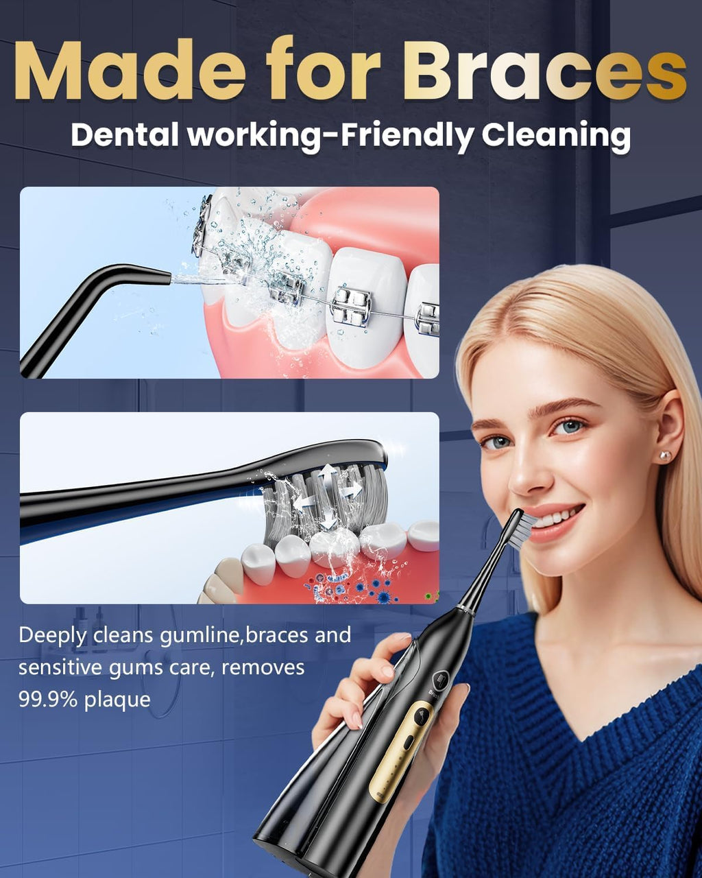 Electric Toothbrush with Water Flosser Combo, 3-in-1 Flossing Toothbrush, Cordless & Rechargeable for Travel, Braces