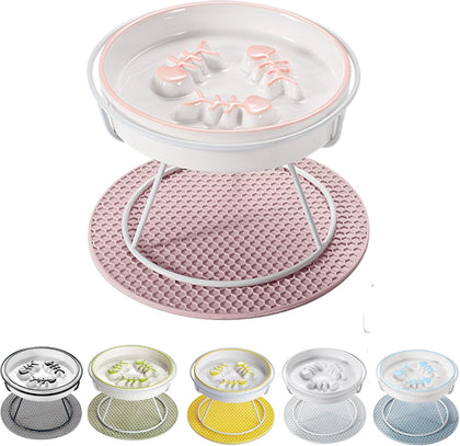 Ceramic Elevated Slow Feeder Cat Bowl, Anti Vomit, Removable Dish Pink