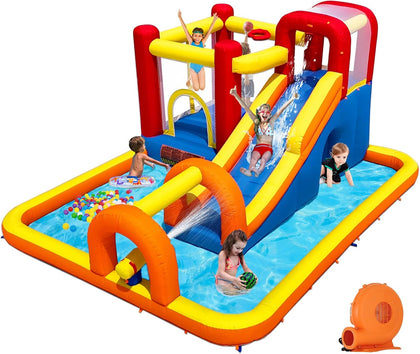Inflatable Bounce House Water Park with Long Water Slide & Large Splash Pool Fits 5 Kids, Endless Fun of Jumping