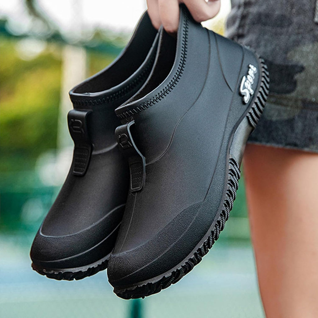 Women's Fashion Rain Boots Waterproof Non-Slip Deck Garden Shoes Low Top Round Wide Toe Flat Work Booties Lightweight